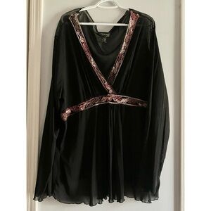 Lane Bryant 26/28 Sheer Black Silver Multi Trim Wrap-Style Long Sleeve Blouse
